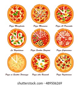 Set of italian pizza. Creative vector illustration. Designed to logo, label, emblem design for restaurant, snack bar or pizzeria menu.