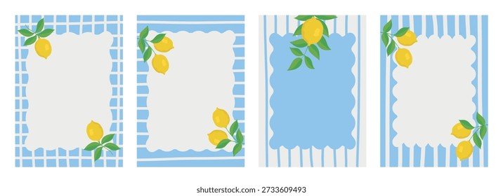 Un conjunto de carteles italianos con limón, un patrón de rayas azules y un marco. Una colección de Anuncios modernos con marcos, ramas de limón y frutas. Diseños para tarjetas de felicitación, menús de restaurantes.
