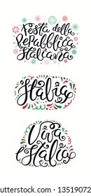 Set of Italian quotes, Festa Della Repubblica Italiana, Happy Republic Day, with fireworks in flag colors. Isolated on white background. Vector illustration. Design element for poster, banner, card.