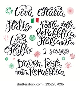 Set of Italian quotes, with fireworks in flag colors. Festa Della Repubblica Italiana 2 guigno, Happy Republic Day June 2. Isolated on white background. Vector illustration. Design poster, banner.