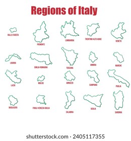 Set of Italian regions. Smooth simplified green gradient maps, isolated on white. Vector element