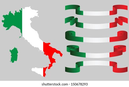 Set of Italian ribbons and Italian map in flag colors, vector illustration