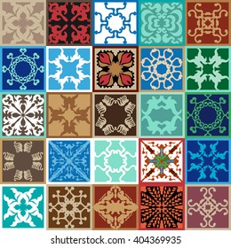 Set of Italian style ceramic tiles. Colorful mosaic with abstract floral and geometrical patterns. Terracotta, green and blue palette.