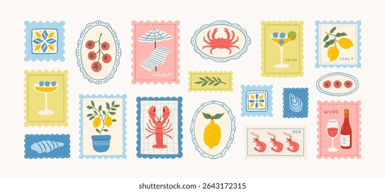 Set of italian summer mediterranean postage stamps. Vacation in Italy. Amalfi. Hand drawn lobster and crab in plate, lemons, tomato, seashell, cocktail, shrimp, tile, wine. Vector trendy illustration.