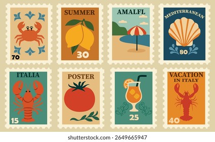 Set of italian summer mediterranean postage stamps. Set of Italian Summer Mediterranean Postage Stamps. Vacation in Italy. Amalfi Coast. Hand Drawn Lobster, Crab, Lemon, Tomato