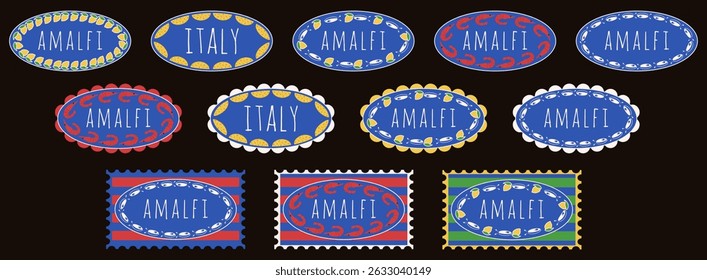 Set Italian summer oval postage stamps. Perfect italy mediterranean poster cover collection. Shrimp lemon sardines vector illustration. EPS 10