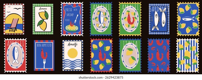 Set Italian summer postage stamps. Perfect italy mediterranean poster cover collection. Shrimp lemon sardines vector illustration. EPS 10