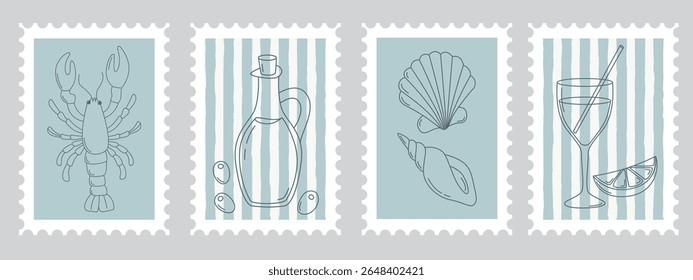 Set of Italian summer stamps with Mediterranean elements. Cute postage pictures of lobster, wine, seashells, lemon, olive oil