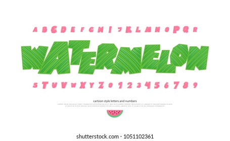 set of italics stylized alphabet letters and numbers. vector, cartoon style font type. slanted typeface design. oblique, watermelon decorative typesetting