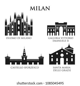 Set of Italy architecture symbols, landmarks. Pictogram in black and white. Icon of Milan. Vector illustration. Set for you design