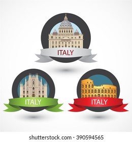 Set of Italy famous monuments. Milan Cathedral, The Colosseum in Rome and St. Peter's Basilica, Vatican. Flat Vector illustration can be used in web design and travel concepts. Volume 1. 