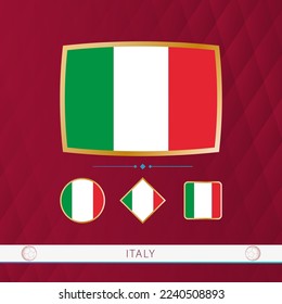 Set of Italy flags with gold frame for use at sporting events on a burgundy abstract background. Vector collection of flags.