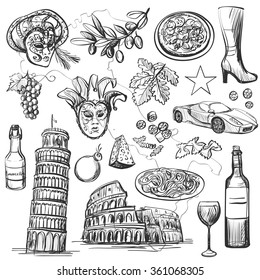 Set of Italy icons vector illustration with national italian food, sights, map and flag. Colosseum, Pompeii, Vatican, Leaning Tower of Pisa, Venice, pizza, wine, carnival mask