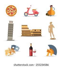 Set of Italy isolated travel flat icons. Vector illustration.