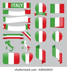 Set of Italy maps, flags, ribbons, icons and buttons with different shapes.