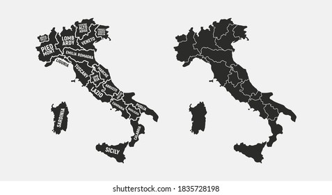 Set of Italy maps. Poster map of Italy with regions names. Blank Italy map. Map of Italy. Vector illustration