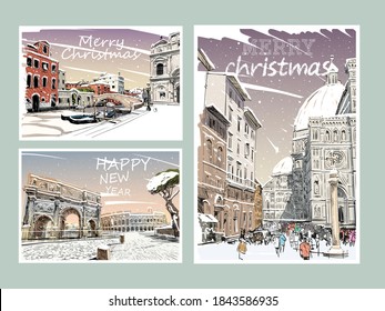 Set of Italy Merry Christmas and New Year greeting card design.Trendy cover template. Winter city. Hand drawn vector illustration