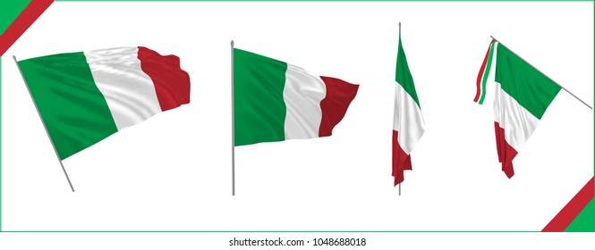 Set of Italy state waving flags in solemn style. Vector illustration.