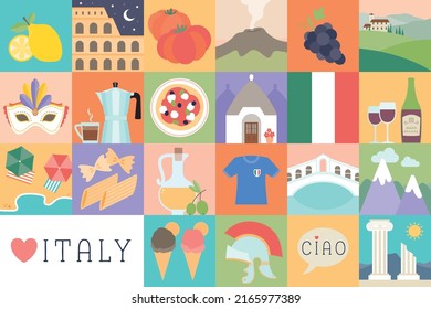 Set of Italy symbols, icons vector illustrations, flat modern style, for tourism, travel, background, wallpaper