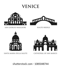 Set of Italy symbols, landmarks in black and white. Vector illustration. Venice, Italy. Santa Maria della Salute. Rialto Bridge, Cathedral of San Marco, San Giorgio Maggiore. Set for you design