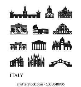 Set of Italy symbols, landmarks in black and white. Vector illustration. Venice, Milan,Italy, Rome. Set for you design