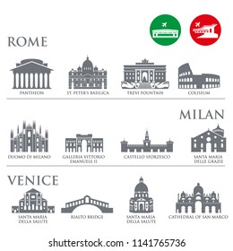 Set of Italy symbols, landmarks in gray color. Vector illustration. Venice, Milan,Italy, Rome. Set for you design