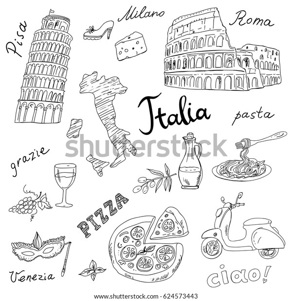 白黒のイタリア記号 ランドマークのセット 手描きのセット コリセウム ピサの斜塔 地図 ベクターイラスト 単語 こんにちは ベネチア ピサ ミラノ イタリア パスタ ピザ ありがとう ローマ のベクター画像素材 ロイヤリティフリー