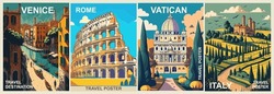 Set Of Italy Travel Destination Posters In Retro Style. Rome, Vatican, Venice, Italy Prints. European Summer Vacation, Holidays Concept. Vintage Vector Colorful Art Illustrations