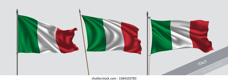 Set of Italy waving flag on isolated background vector illustration. 3 Italian wavy realistic flag as a symbol of patriotism 