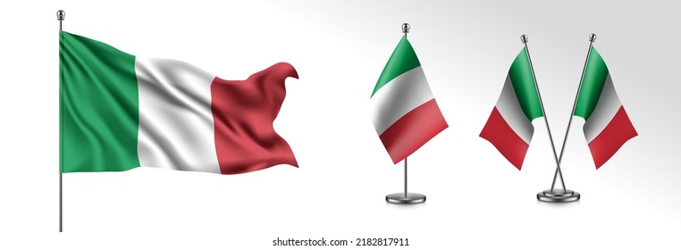 Set of Italy waving flag on isolated background vector illustration. 3 Italian wavy realistic flag as a patriotic symbol