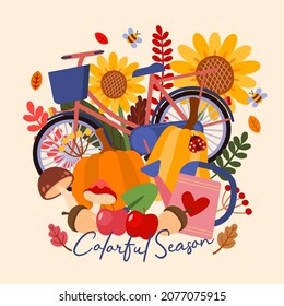 Set of item object for autumn season on white background, flat design cartoon drawing for card, banner, sticker on white background, vector illustration