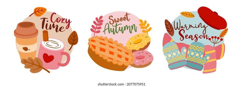 Set of item object for autumn season with letering, flat design for card, banner, sticker on white background, vector illustration