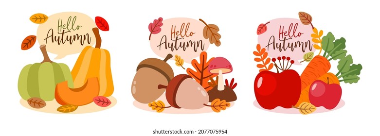 Set of item object for autumn season with letering, flat design for card, banner, sticker on white background, vector illustration