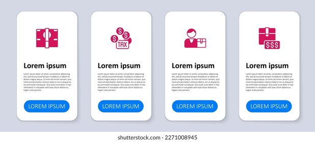 Set Item price tag with dollar, Buyer, Tax payment and Stacks paper money cash. Business infographic template. Vector