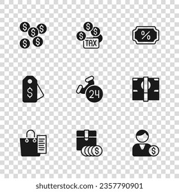Set Item price tag with dollar, Stacks paper money cash, Buyer, Telephone 24 hours support, Discount percent, Dollar symbol, Tax payment and Price icon. Vector