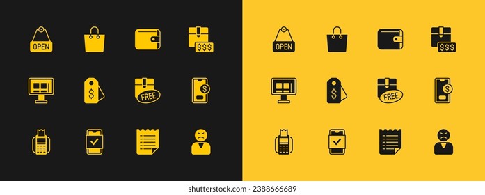 Set Item price tag with dollar, Mobile shopping, Cardboard box free symbol, Wish list template, Price, Wallet, Hanging sign text Open and Paper bag icon. Vector