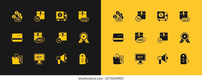 Set Item price tag with dollar, Buy button, Carton cardboard box, Megaphone, Cardboard free symbol, Armored truck, Tax payment and discount icon. Vector