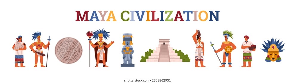 Set of items about maya civilization flat style, vector illustration isolated on white background. Decorative design elements collection, people in traditional costumes, statues and calendar