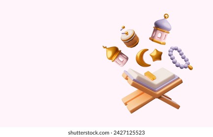 Set of items about ramadan 3D style, vector illustration isolated on white background. Decorative design elements collection: mosque, moon and star, Koran. Islamic holiday