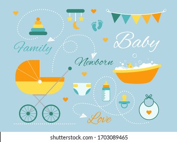 Set of items and accessories for the care of a newborn baby. The concept of infancy, family, love and care, expectation of the desired baby. Stock vector illustration in a flat style.