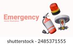 Set of items for action in case of fire. Vector templates for emergency
