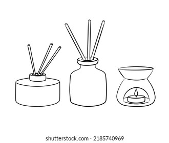 A set of items for aroma in the house. Choice of interior accessories. Scented candles, diffuser, aroma lamp. Isolated vector illustration in line style.