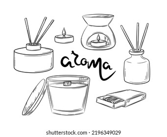 Un conjunto de objetos para aroma en la casa. Selección de accesorios para el interior. velas perfumadas, difusor, lámpara aroma. Ilustración vectorial aislada en estilo de línea.