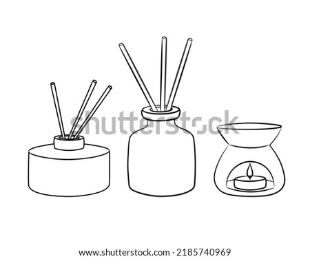 A set of items for aroma in the house. Choice of interior accessories. Scented candles, diffuser, aroma lamp. Isolated vector illustration in line style.