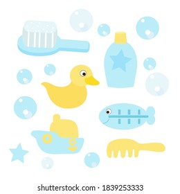 Juego de artículos para bañarse en el bebé. Peine suave, champú, termómetro para el agua, pato de goma, bote y burbujas de jabón. Dibujo de estilo plano en tonos azul pastel y amarillo.