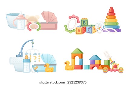 Set of items for baby care carriage milk bottle and toys vector illustration isolated on white background