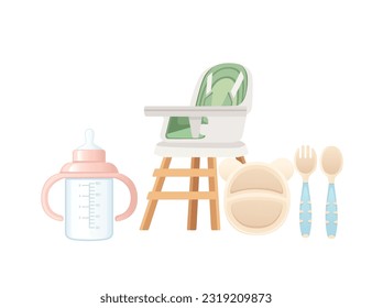 Set of items for baby care baby chair milk bottle and cutlery vector illustration isolated on white background