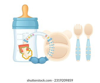 Set von Artikeln für Babypflegemilch, Tee- und Besteck-Spielzeug, Vektorgrafik einzeln auf weißem Hintergrund