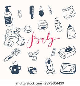 A set of items for baby care. Vector illustration in doodle style.