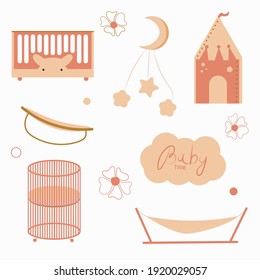 A set of items for baby's rest, cots, sun beds, hammocks. The inscription Baby time. For postcards, decoration of children's design